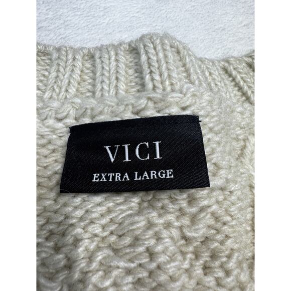 Vici Chunky Fringe Cable Knit Sweater XL Cream Acrylic Boho Textured Pullover - Picture 2 of 12
